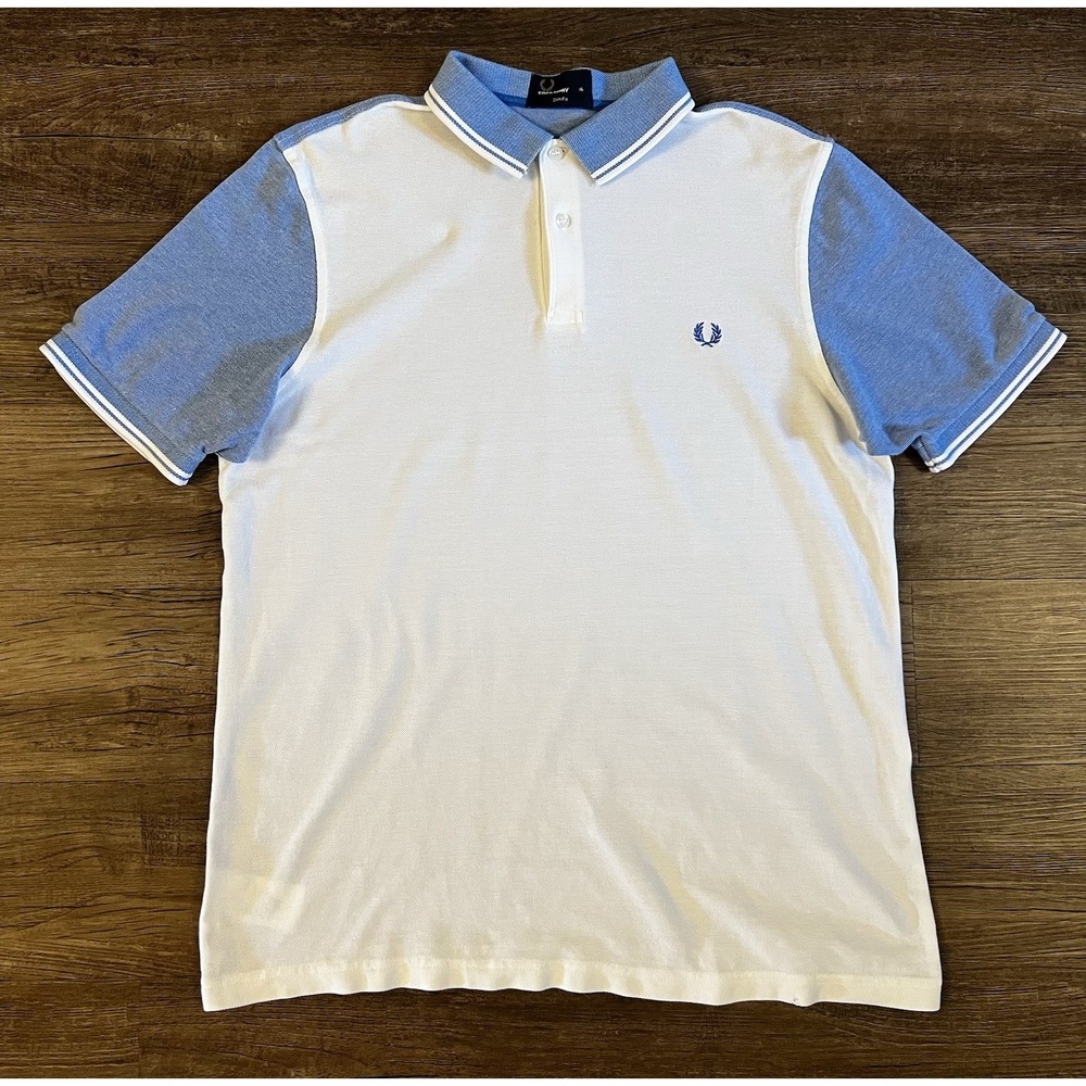Fred Perry Mens Slim Fit Polo Shirt X-Large Off White Blue Spotted Cotton E21